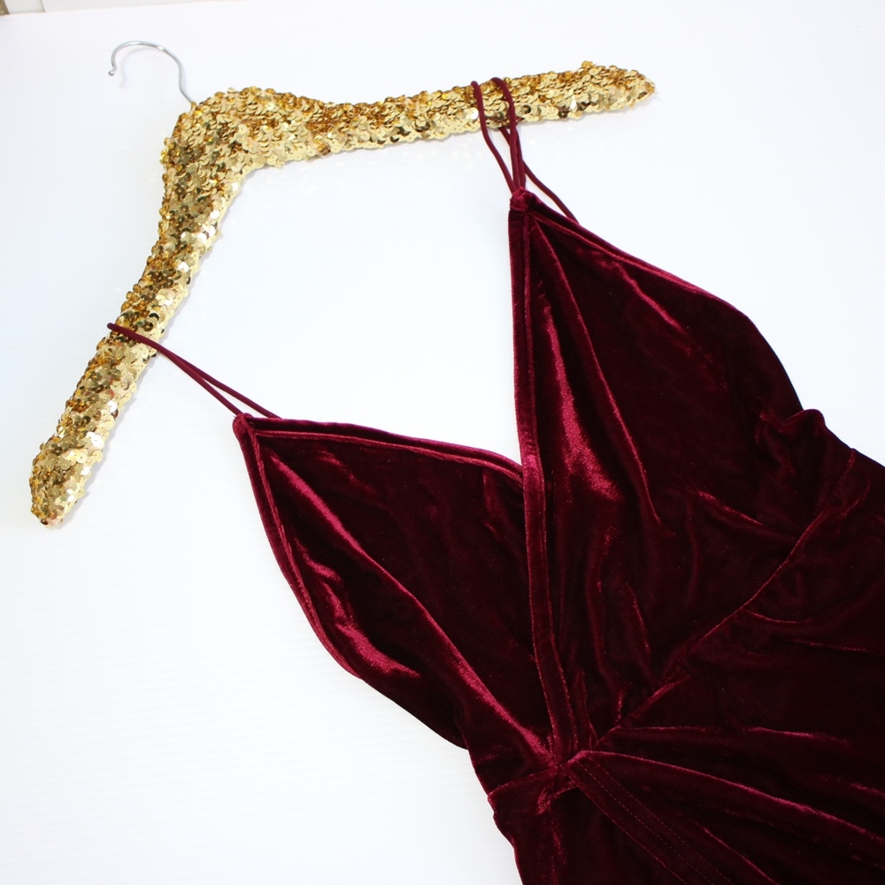 Burgundy Red Strappy Backless Velvet Wrap Dress - Picture 7 of 8